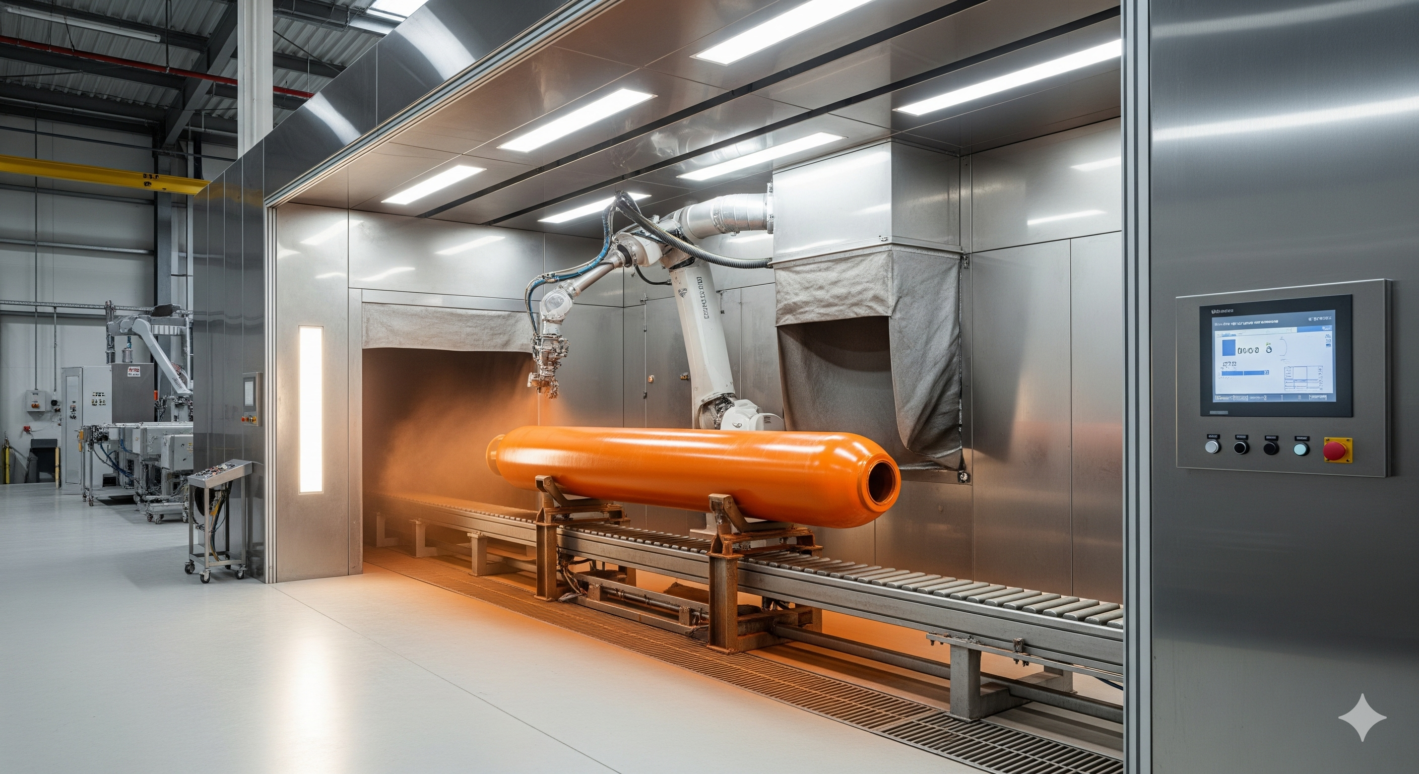 Cylinder coating booth applying protective finish